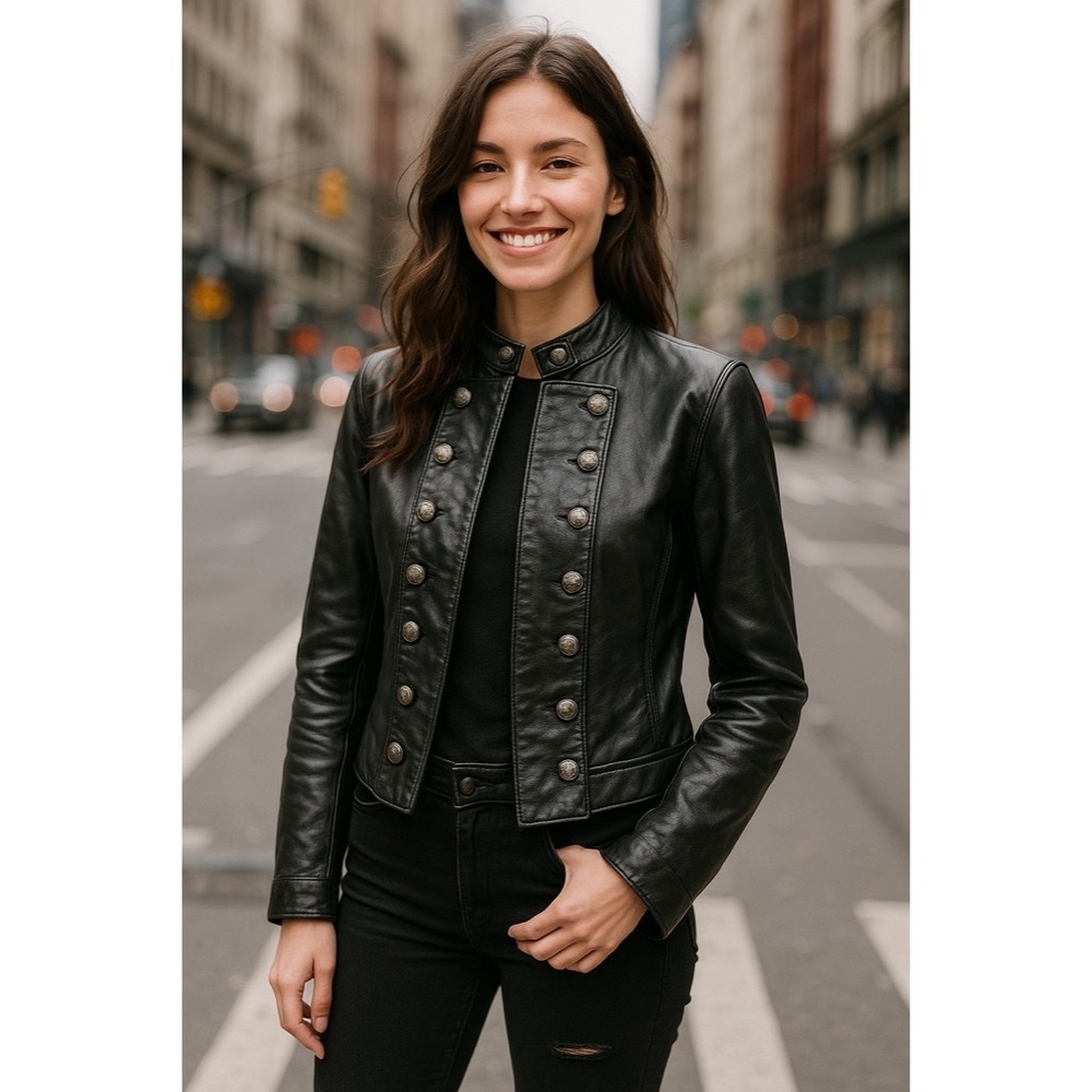 SHRINE OF HOLLYWOOD Faux Leather Jacket Embossed Buttons Vegan Unisex‎ Large